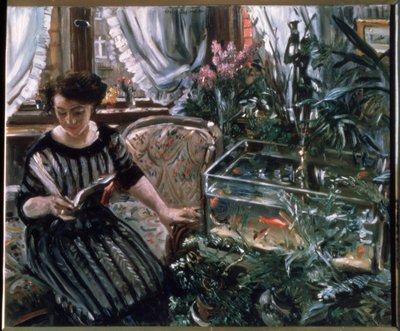A Woman Reading Near a Goldfish Tank by Lovis Corinth